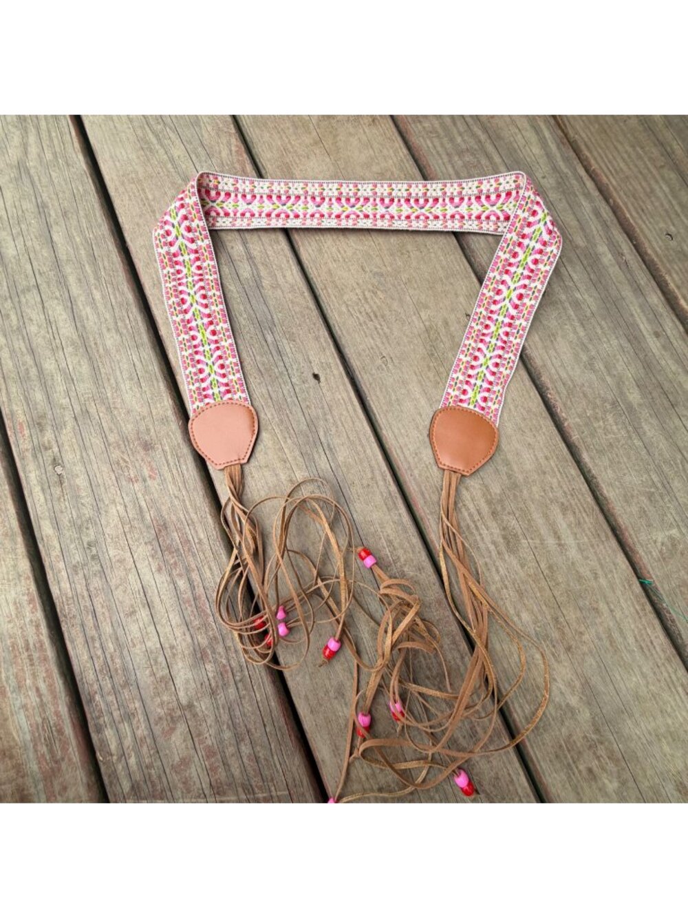 Bohemian Embroidered Woven Guitar Strap With Leather Ends & Beaded Tassels